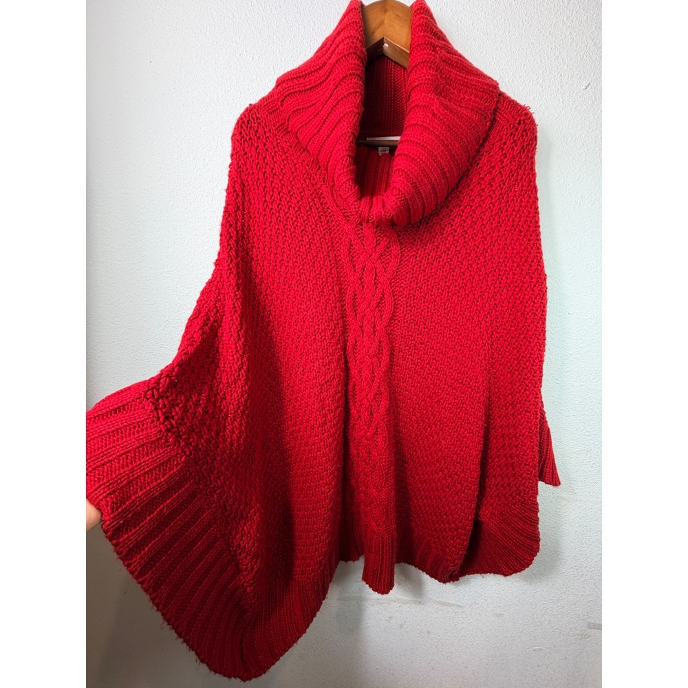 Cb Established 1962 Women Poncho Red L/XL Cowl Neck Cable Knit Oversized Sweater